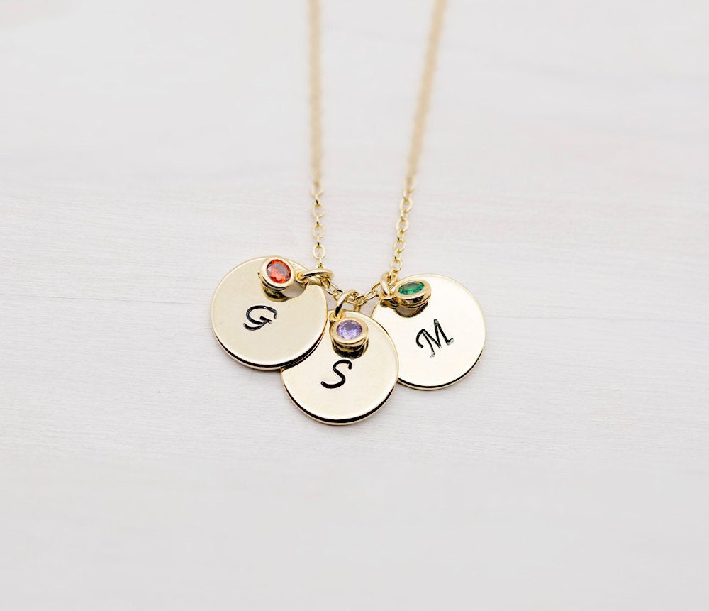 Gift for Mom Mother, Personalized Initial Necklace, Birthstone Necklace, Personalized Gift for Wife, Gold Disc Necklace, Christmas Gift