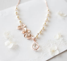 Load image into Gallery viewer, Rose Gold Flower Blossoms Clear Crystal Cream White Pearl Bridal Necklace, Wedding Jewelry, Rose gold Jewelry, Clear Crystal pendant
