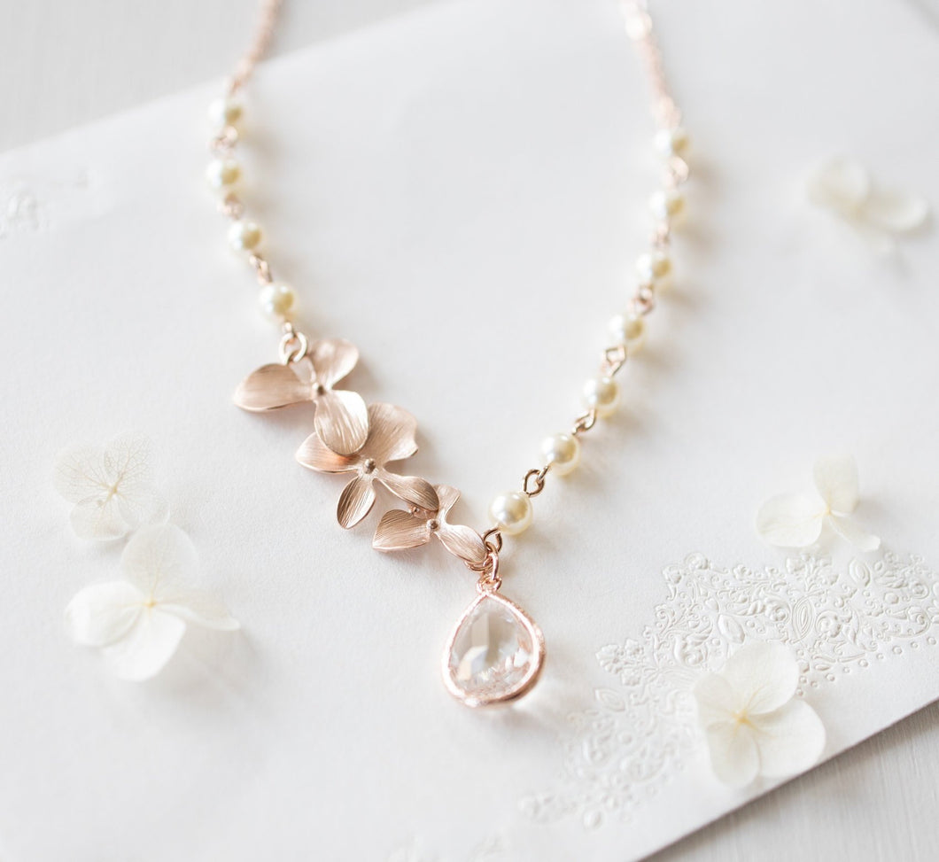 Rose Gold Flower Blossoms Clear Crystal Cream White Pearl Bridal Necklace, Wedding Jewelry, Rose gold Jewelry, Clear Crystal pendant
