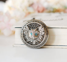 Load image into Gallery viewer, March Birthstone Jewelry, Silver Owl Locket Necklace with Aquamarine Crystal, March Birthday Gift for Her, Personalized Photo Locket
