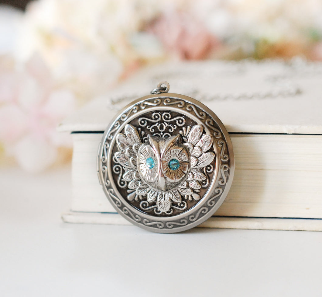 March Birthstone Jewelry, Silver Owl Locket Necklace with Aquamarine Crystal, March Birthday Gift for Her, Personalized Photo Locket