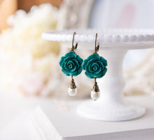 Load image into Gallery viewer, Emerald Green Earrings, Vintage Style Rose Flower Cream White Pearl Lever back Earrings, Emerald Wedding Bridesmaid Earrings, Gift for her
