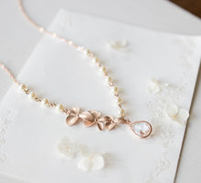 Load image into Gallery viewer, Rose Gold Flower Blossoms Clear Crystal Cream White Pearl Bridal Necklace, Wedding Jewelry, Rose gold Jewelry, Clear Crystal pendant

