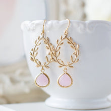 Load image into Gallery viewer, soft pink crystal gold olive branch wreath earrings
