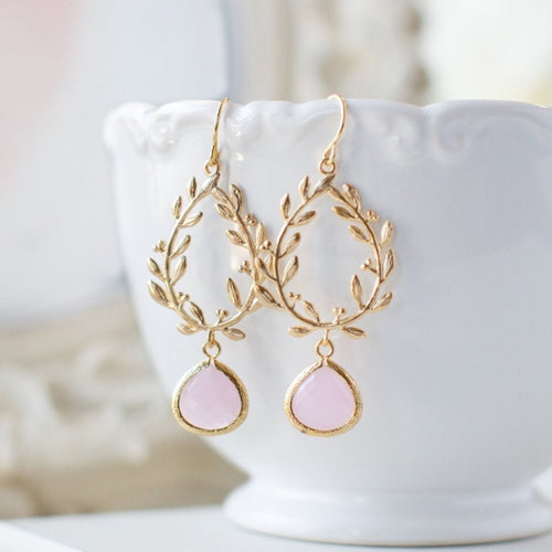 soft pink crystal gold olive branch wreath earrings