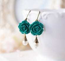 Load image into Gallery viewer, Emerald Green Earrings, Vintage Style Rose Flower Cream White Pearl Lever back Earrings, Emerald Wedding Bridesmaid Earrings, Gift for her
