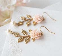 Load image into Gallery viewer, Blush Pastel Pink Rose Flower Gold Brass Leaf Branch Cream White Pearl Earrings, Vintage Style Wedding Bridal Earrings, Bridesmaid Gift
