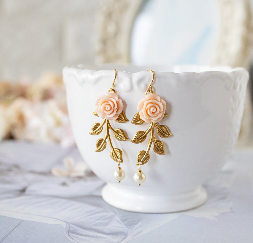 Blush Pastel Pink Rose Flower Gold Brass Leaf Branch Cream White Pearl Earrings, Vintage Style Wedding Bridal Earrings, Bridesmaid Gift