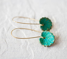 Load image into Gallery viewer, Green Leaf Earrings, Lily Pad Earrings, Verdigris Leaf Earrings, Boho Earrings, Bohemian, Gift for women Gift for mom daughter sister
