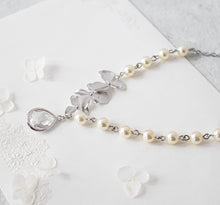 Load image into Gallery viewer, Silver Bridal Necklace, Cream White Pearl Necklace, Clear Teardrop Crystal Pendant, Silver Flower Blossoms, Wedding Jewelry, Bridal Jewelry
