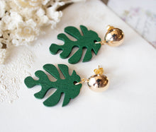 Load image into Gallery viewer, Green Monstera Leaf Earrings, Gold Stud Earrings, Carved Wood Plant Earrings, Botanical Jewelry, Light Weight Post Earrings, Gift for Her
