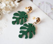 Load image into Gallery viewer, Green Monstera Leaf Earrings, Gold Stud Earrings, Carved Wood Plant Earrings, Botanical Jewelry, Light Weight Post Earrings, Gift for Her
