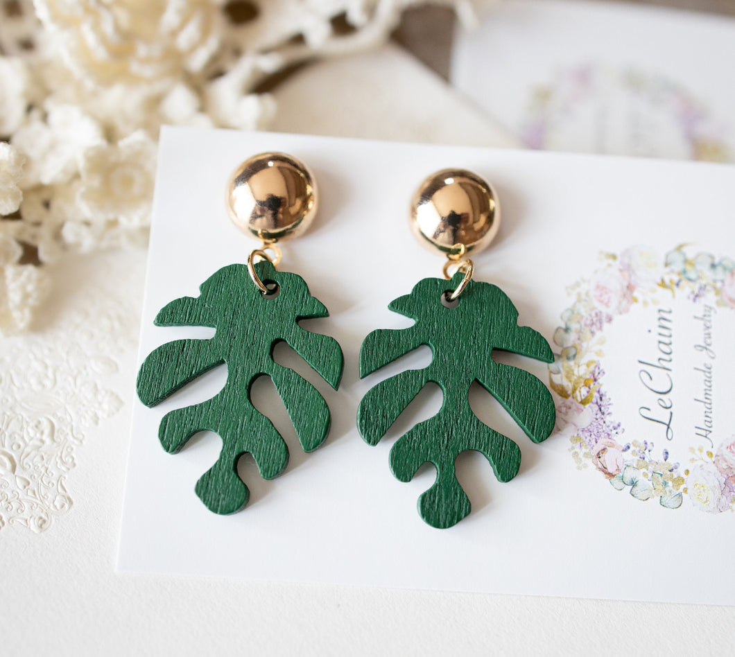 Green Monstera Leaf Earrings, Gold Stud Earrings, Carved Wood Plant Earrings, Botanical Jewelry, Light Weight Post Earrings, Gift for Her