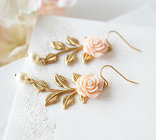 Load image into Gallery viewer, Gold Leaf Branch Bird Blush Pastel Pink Flowers Cream White Pearl Necklace Earrings Set, Vintage Style Country Garden Wedding Bridal Jewelry
