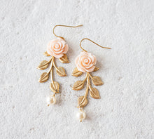 Load image into Gallery viewer, Blush Pastel Pink Rose Flower Gold Brass Leaf Branch Cream White Pearl Earrings, Vintage Style Wedding Bridal Earrings, Bridesmaid Gift

