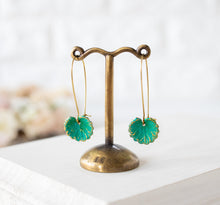Load image into Gallery viewer, Green Leaf Earrings, Lily Pad Earrings, Verdigris Leaf Earrings, Boho Earrings, Bohemian, Gift for women Gift for mom daughter sister
