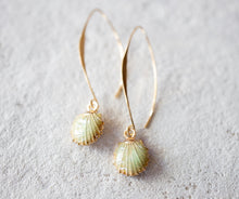Load image into Gallery viewer, Seashell Earrings, Blue Seashell, Enamelled Earrings, Gold Long Dangle Earrings, Beach Wedding Bridal, Ocean Sea Summer Beach Jewelry
