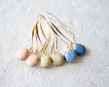 Load image into Gallery viewer, Seashell Earrings, Blue Seashell, Enamelled Earrings, Gold Long Dangle Earrings, Beach Wedding Bridal, Ocean Sea Summer Beach Jewelry
