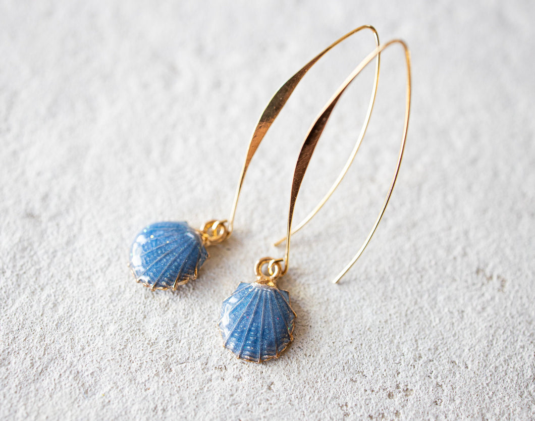 Seashell Earrings, Blue Seashell, Enamelled Earrings, Gold Long Dangle Earrings, Beach Wedding Bridal, Ocean Sea Summer Beach Jewelry