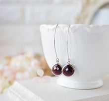 Load image into Gallery viewer, Burgundy Earrings, Silver Long Dangle Earrings, Burgundy Wedding Jewelry, Bridesmaid Gift, Maroon Dark Garnet Red Earrings, Gift for Wife
