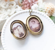 Load image into Gallery viewer, Green Rose Cameo Locket Necklace, Christmas Gift for Women, Personalized Photo Locket, Antiqued Gold Oval Locket, Gift for Mom Grandma
