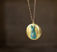 Load image into Gallery viewer, Personalized Rabbit Photo Locket Necklace, Verdigris Blue Rabbit Gold Round Locket Necklace, Bunny Necklace, Gift for Daughter Child
