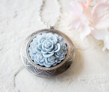 Load image into Gallery viewer, Powder Blue Flower Cameo Silver Etched Round Locket Necklace

