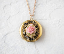 Load image into Gallery viewer, Locket Necklace, Pink Rose Cameo Pendant Necklace, Leaf Wreath Floral Locket, Personalized Christmas Gift for Women, Gift for Mom Girlfriend
