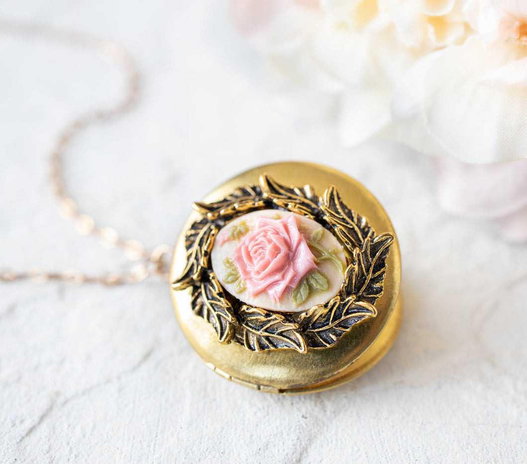 Locket Necklace, Pink Rose Cameo Pendant Necklace, Leaf Wreath Floral Locket, Personalized Christmas Gift for Women, Gift for Mom Girlfriend
