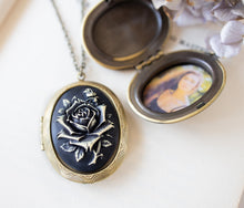 Load image into Gallery viewer, Personalized Photo Locket Necklace, Black Rose Cameo Locket Necklace, Large Antiqued Gold Oval Locket, Victorian Gothic, Halloween Jewelry

