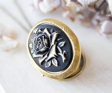 Load image into Gallery viewer, Personalized Photo Locket Necklace, Black Rose Cameo Locket Necklace, Large Antiqued Gold Oval Locket, Victorian Gothic, Halloween Jewelry
