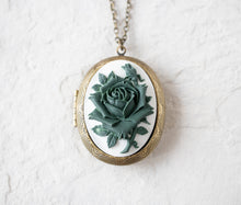 Load image into Gallery viewer, Green Rose Cameo Locket Necklace, Christmas Gift for Women, Personalized Photo Locket, Antiqued Gold Oval Locket, Gift for Mom Grandma
