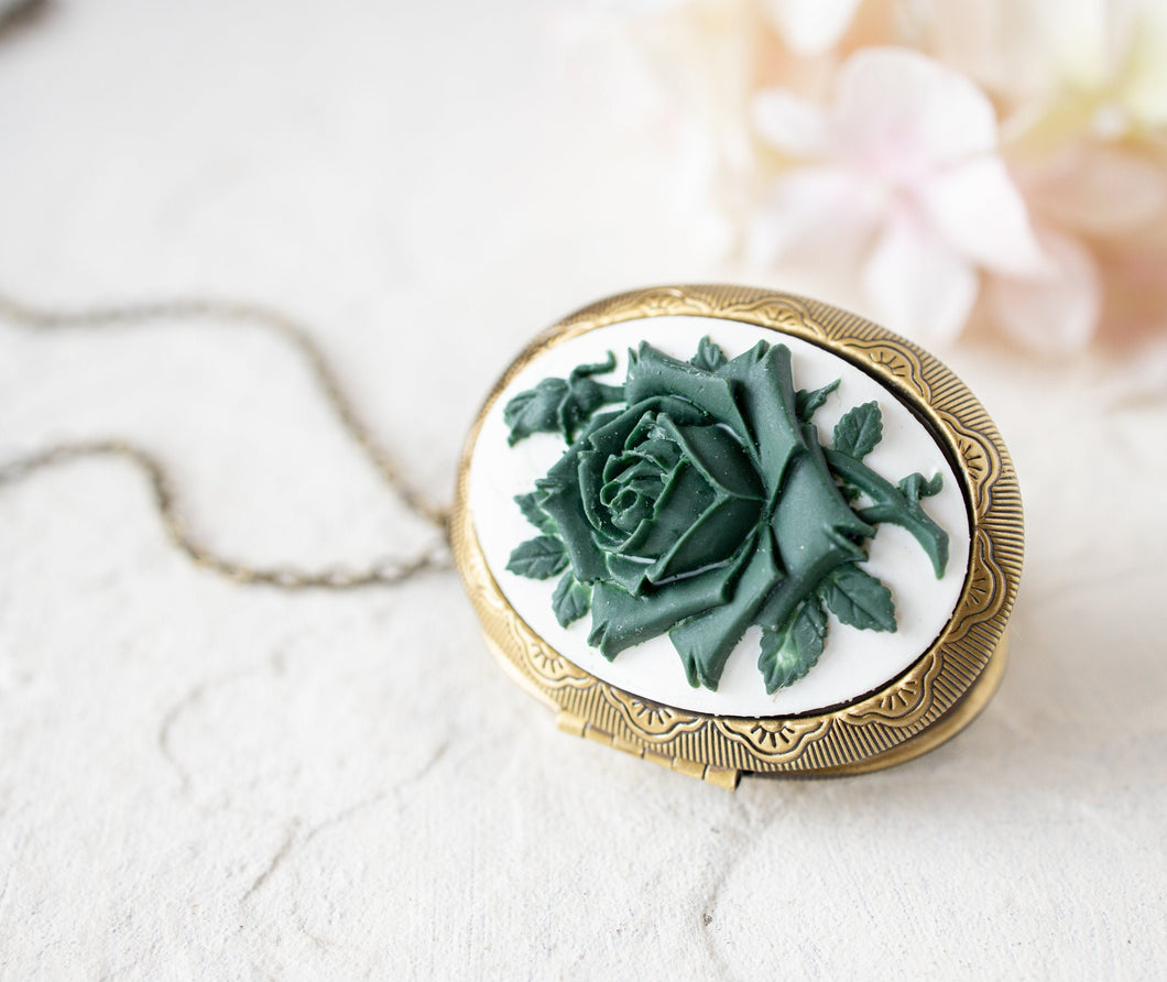 Green Rose Cameo Locket Necklace, Christmas Gift for Women, Personalized Photo Locket, Antiqued Gold Oval Locket, Gift for Mom Grandma
