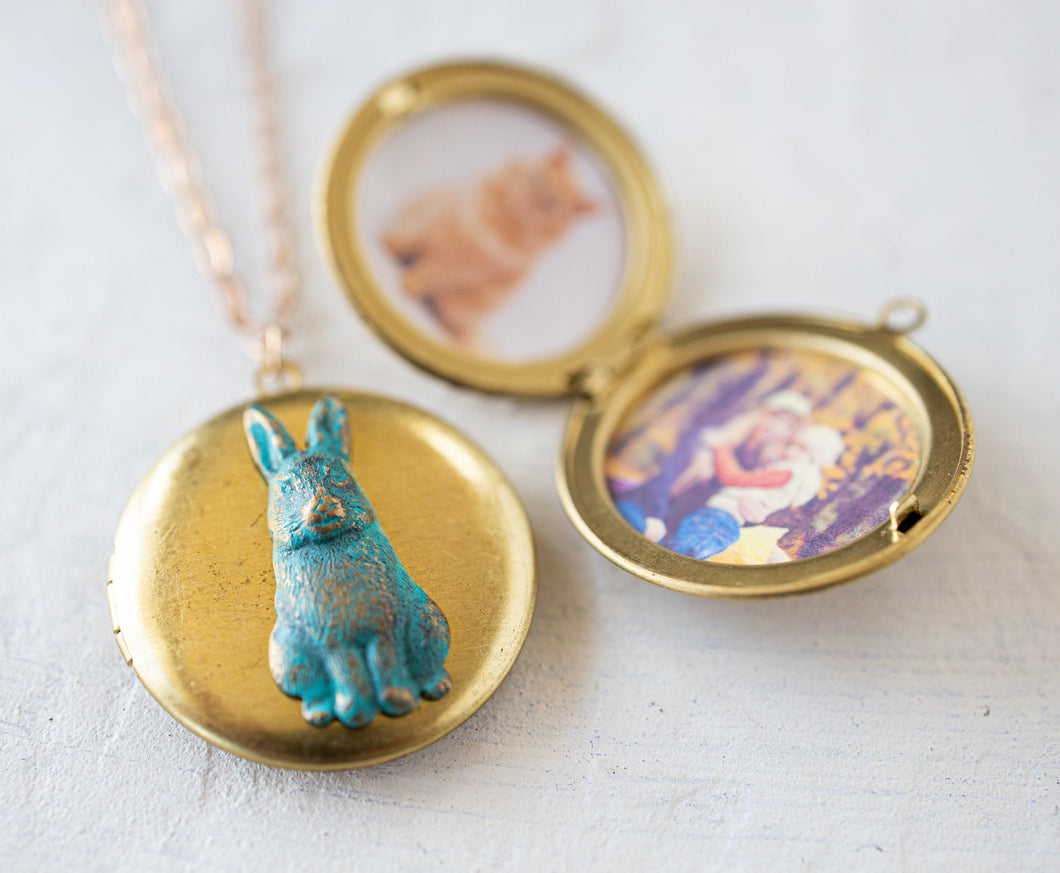 Rabbit Locket, Rabbit Necklace, Bunny Necklace, Customized Jewelry, Personalized Locket, Photo Locket, Gift for Her, Vintage Locket