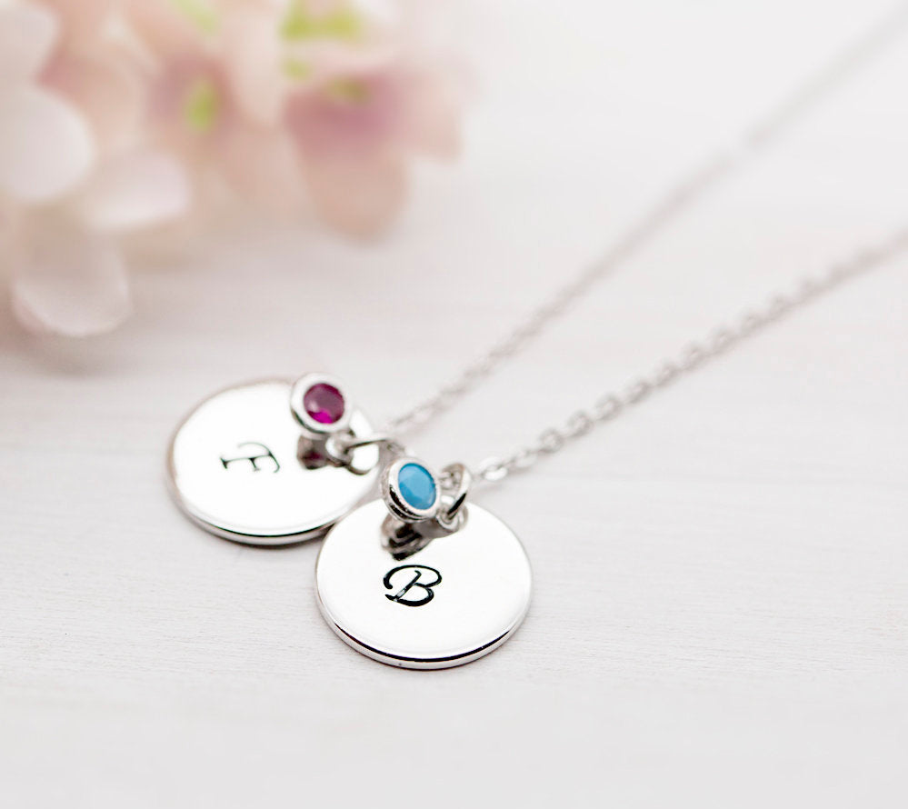 Personalized Initial Necklace, Birthstone Necklace, Disc Necklace, Gift for daughter girlfriend Mom Wife Personalized gift for her