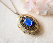 Load image into Gallery viewer, Personalized Photo Locket Necklace, Art Deco Locket, Vintage Sapphire Blue Jewel Pendant, September Birthstone, Christmas Gift for Mom Women
