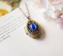 Load image into Gallery viewer, Oval Locket Necklace With Vintage Sapphire Blue Glass Jewel, Persoanlized Photo Locket, September Birthstone Jewelry, Personalized Gift

