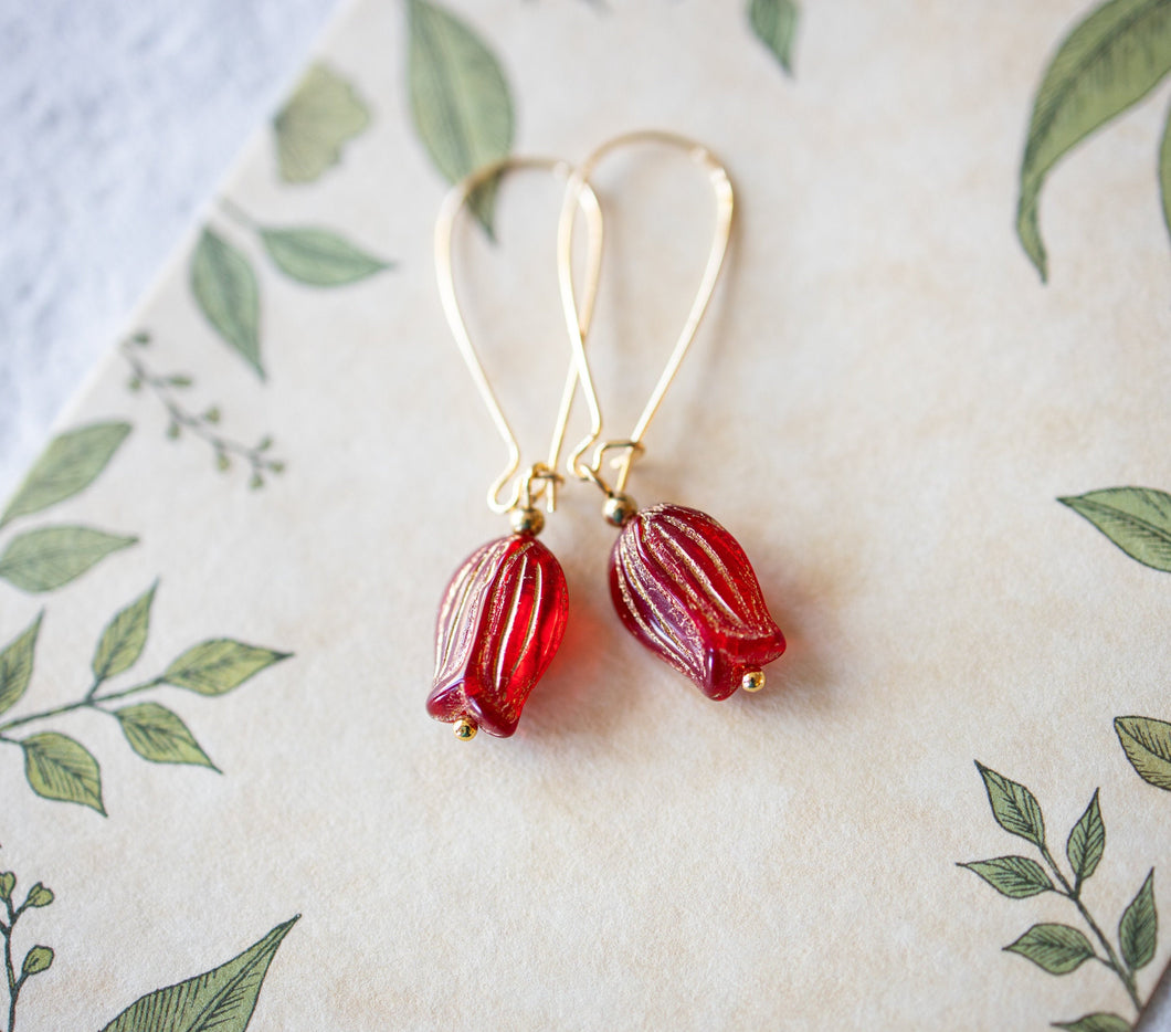 Red Tulip Earrings, Red Flower Dangle Earrings, Gold Etched Glass Tulip, Gift for Daughter, Gift for Girlfriend, Gift for wife,