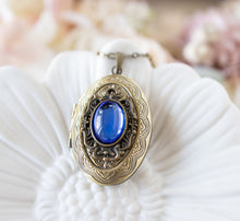 Load image into Gallery viewer, Oval Locket Necklace With Vintage Sapphire Blue Glass Jewel, Persoanlized Photo Locket, September Birthstone Jewelry, Personalized Gift
