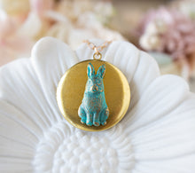 Load image into Gallery viewer, Personalized Rabbit Photo Locket Necklace, Verdigris Blue Rabbit Gold Round Locket Necklace, Bunny Necklace, Gift for Daughter Child
