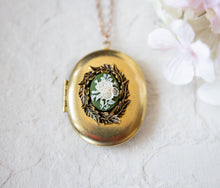 Load image into Gallery viewer, Large Gold Vintage Brass Oval Locket Necklace with Green Ivory Floral Cameo, Personalized Photo Picture Locket, Gift for Her, Gift for Women
