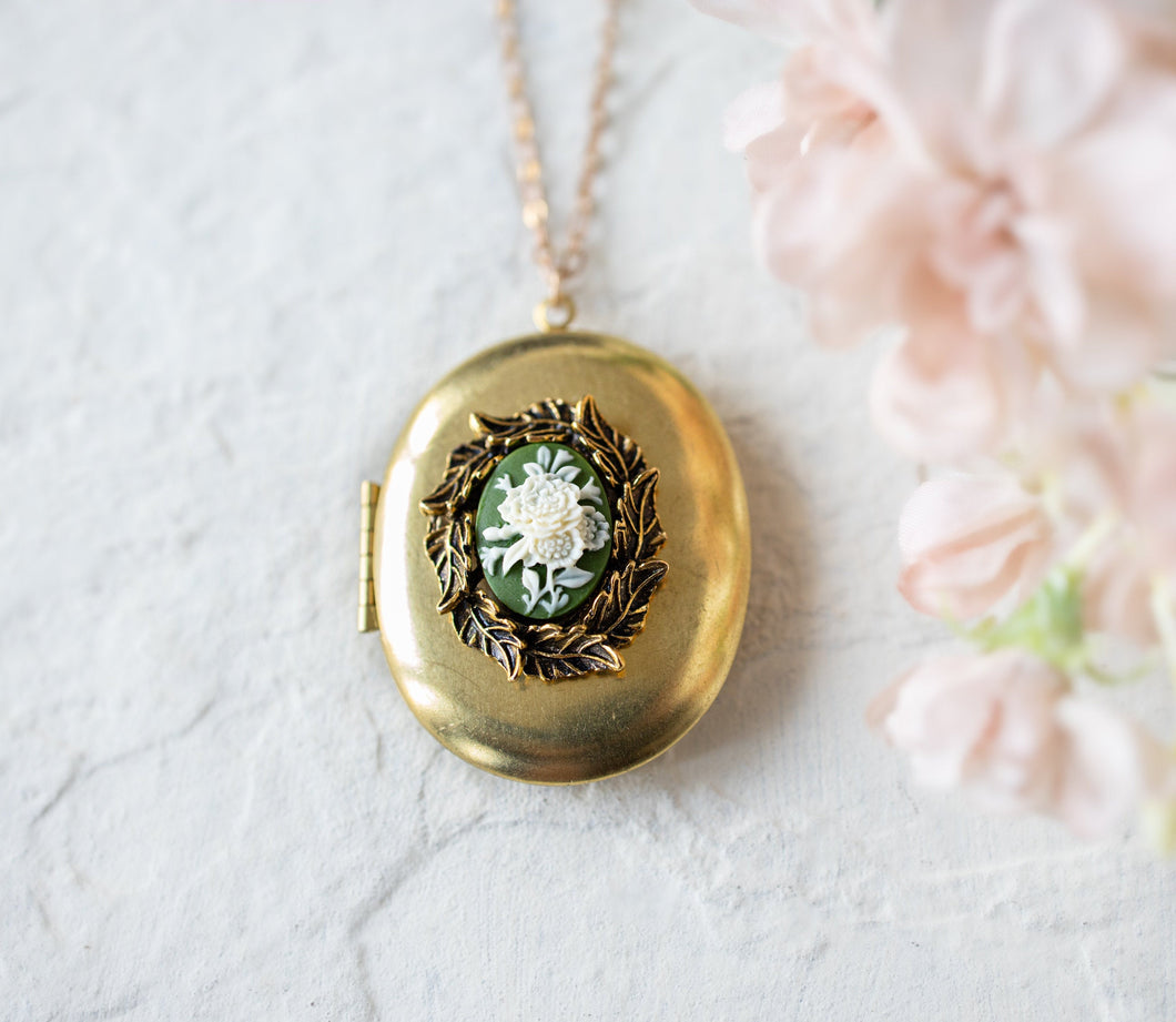 Large Gold Vintage Brass Oval Locket Necklace with Green Ivory Floral Cameo, Personalized Photo Picture Locket, Gift for Her, Gift for Women