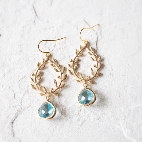 Gold Olive Branch Wreath Aquamarine Blue Crystal earrings