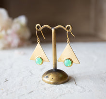 Load image into Gallery viewer, Mint Green Opal Earrings, Geometric Earrings, Art Deco Earrings, Gold Triangle Earrings, Vintage Glass Jewel, Opal Jewelry, Gift for Her
