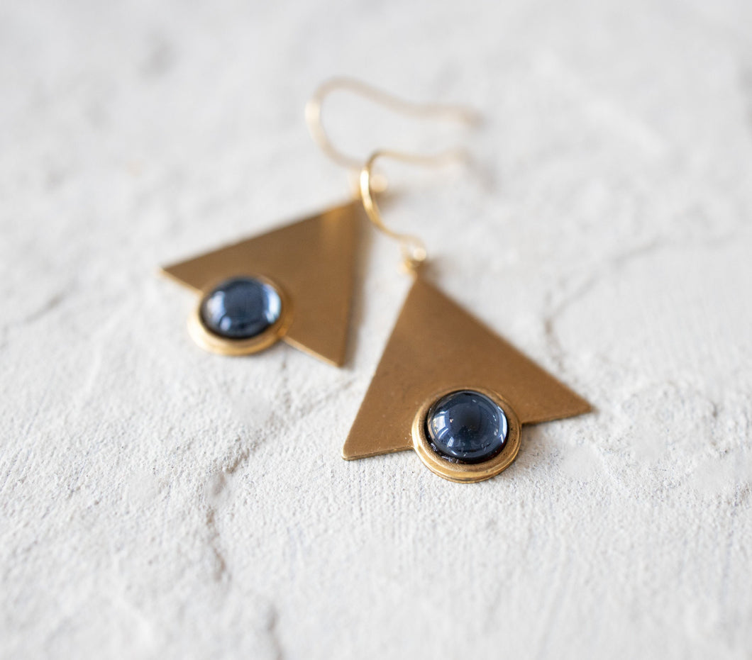 Art Deco Earrings, Navy Blue Glass Stone Gold Triangle Earrings, Geometric Earrings, Minimalist Earrings, Modern Everyday Earrings