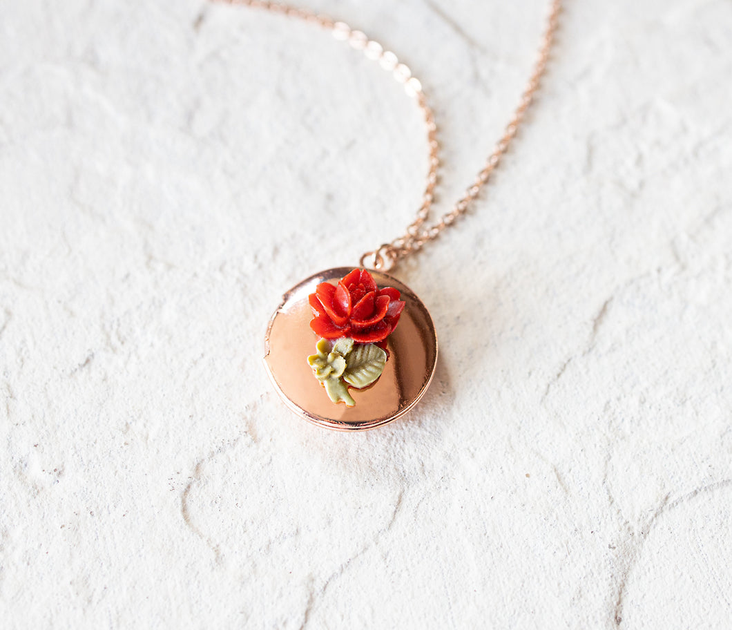 Red Rose Necklace, Rose Gold Locket Necklace, Rose Gold Jewelry, Valentine's Day for Women, Personalized Gift for Girlfriend Wife Daughter