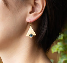 Load image into Gallery viewer, Art Deco Earrings, Navy Blue Glass Stone Gold Triangle Earrings, Geometric Earrings, Minimalist Earrings, Modern Everyday Earrings
