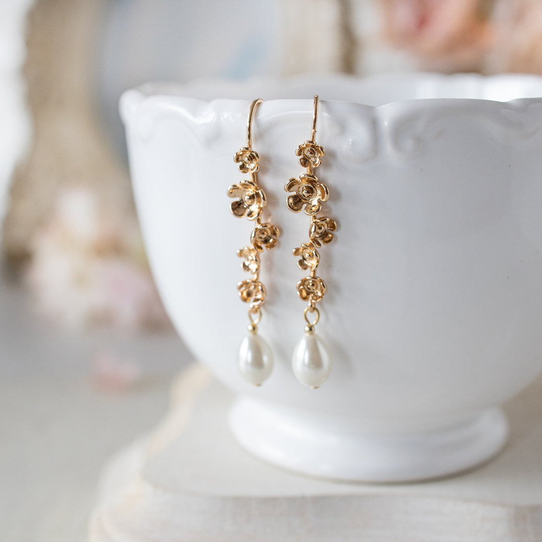 18KGP Flower Twig Earrings with Pearls