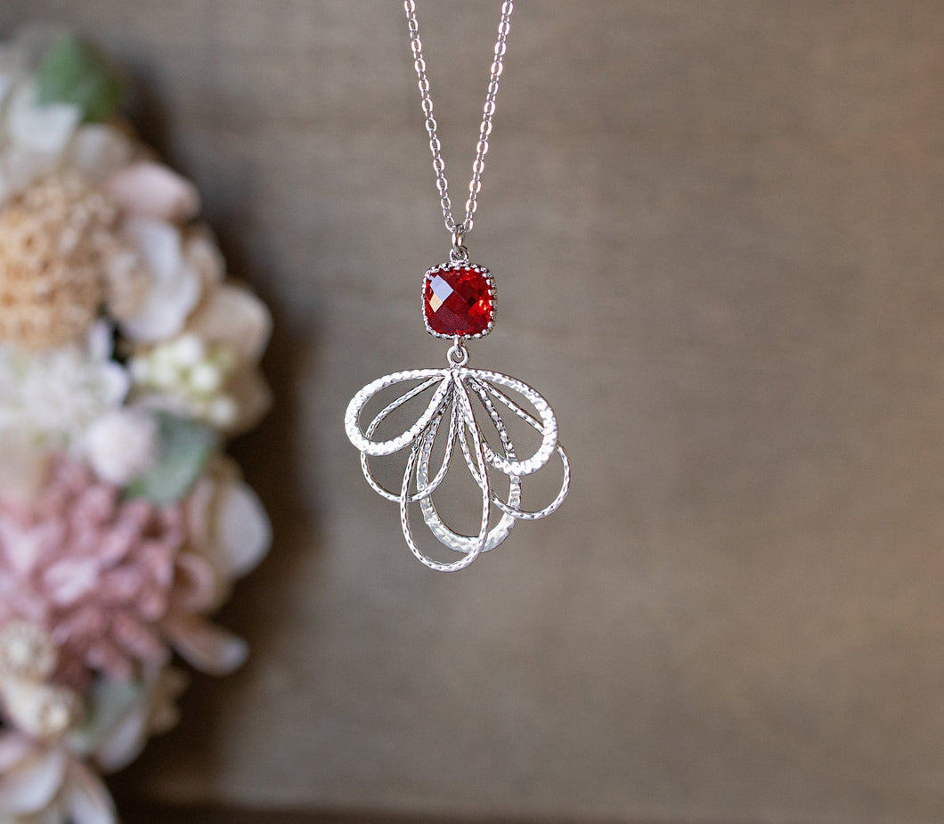 Red Crystal Silver Filigree Pendant Necklace, January Birthstone Garnet Necklace, Gift for Her, Red Wedding Jewelry, Earrings Available.