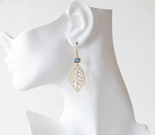 Load image into Gallery viewer, Black Onyx Crystal Gold Filigree Leaf Earrings
